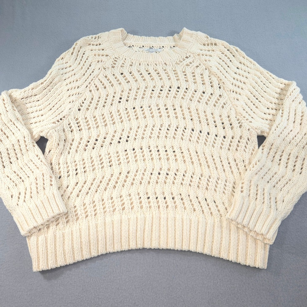 American Eagle Sweater Womens XXL Cream Pointelle Open Knit Crewneck Chevron